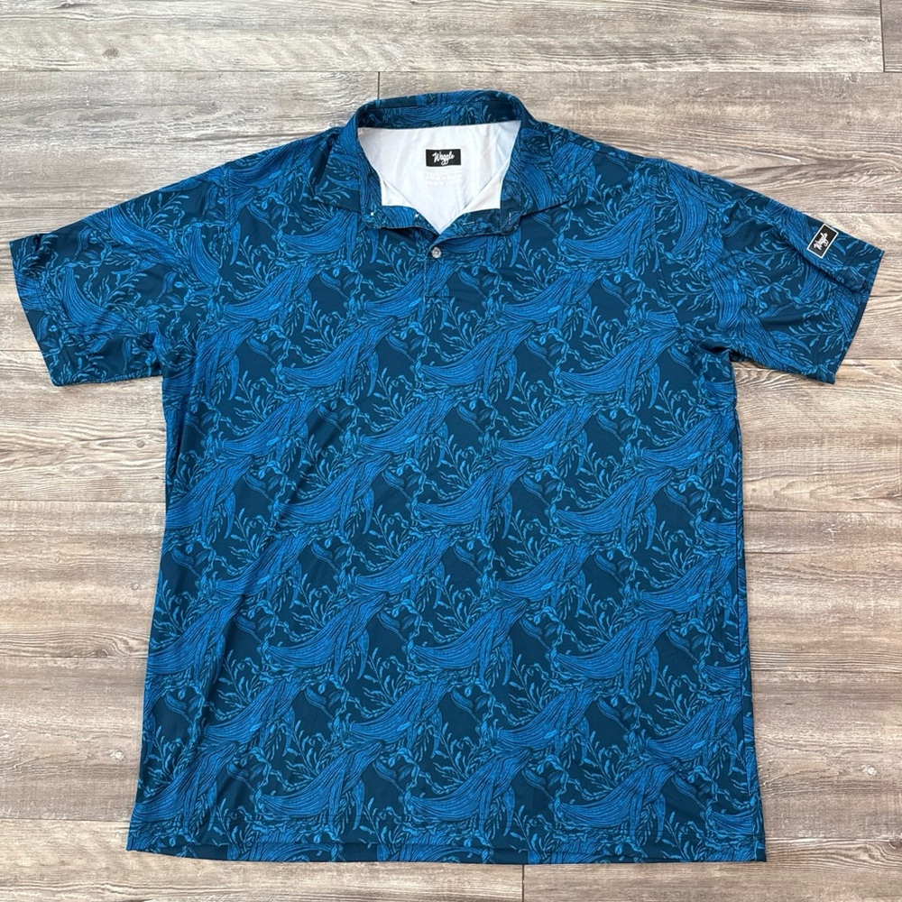 Waggle Golf Polo Shirt Short Sleeve Blue Whale Print Stretch Mens 3XL Barstool